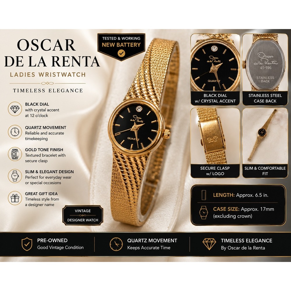Oscar de la Renta Ladies Watch Gold Tone Textured Bracelet Black Dial 45-196
